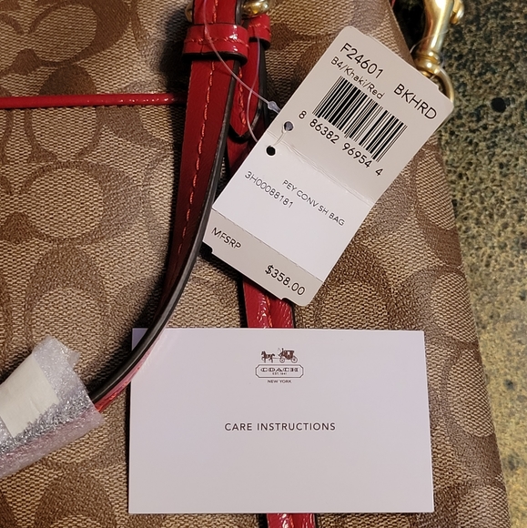 Coach Peyton Signature Convertible Shoulder Bag Tote Handbag F24601 Khaki & Red - Picture 6 of 16